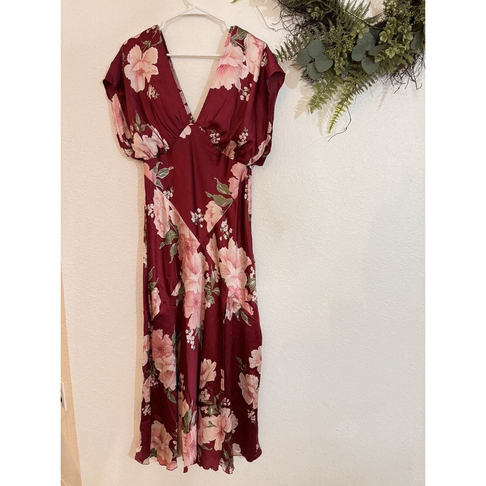 ASOS DESIGN satin batwing midi dress with slit in pink vintage floral Sz 10